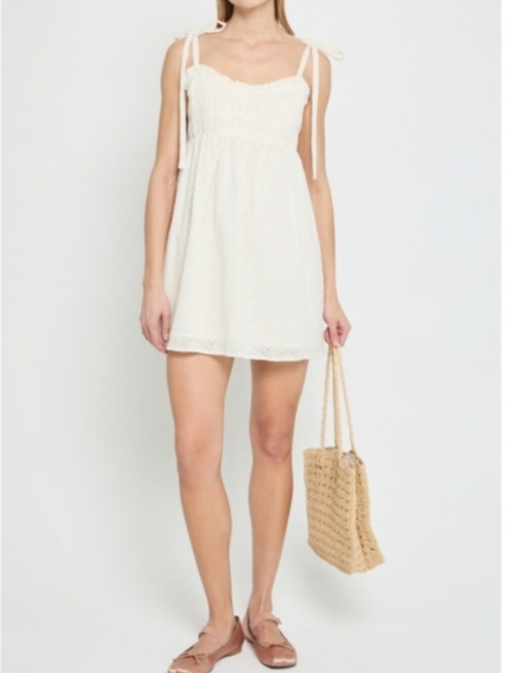 o.p.t Nanette Eyelet Smocked RuffleCotton Mini Dress in Cream, Size XS, Romantic